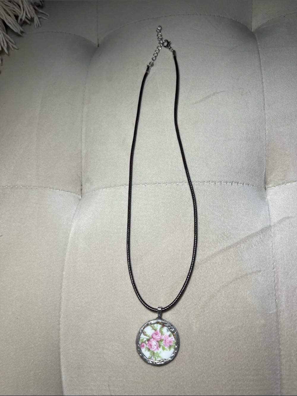 Floral Pendant Necklace Brown Leather Cord | Hand crafted from Vintage China